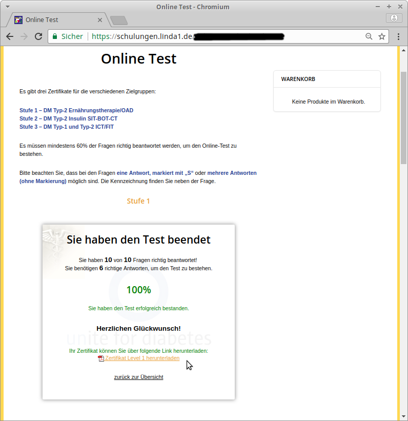 Screenshot Online Test Zertifikat Download